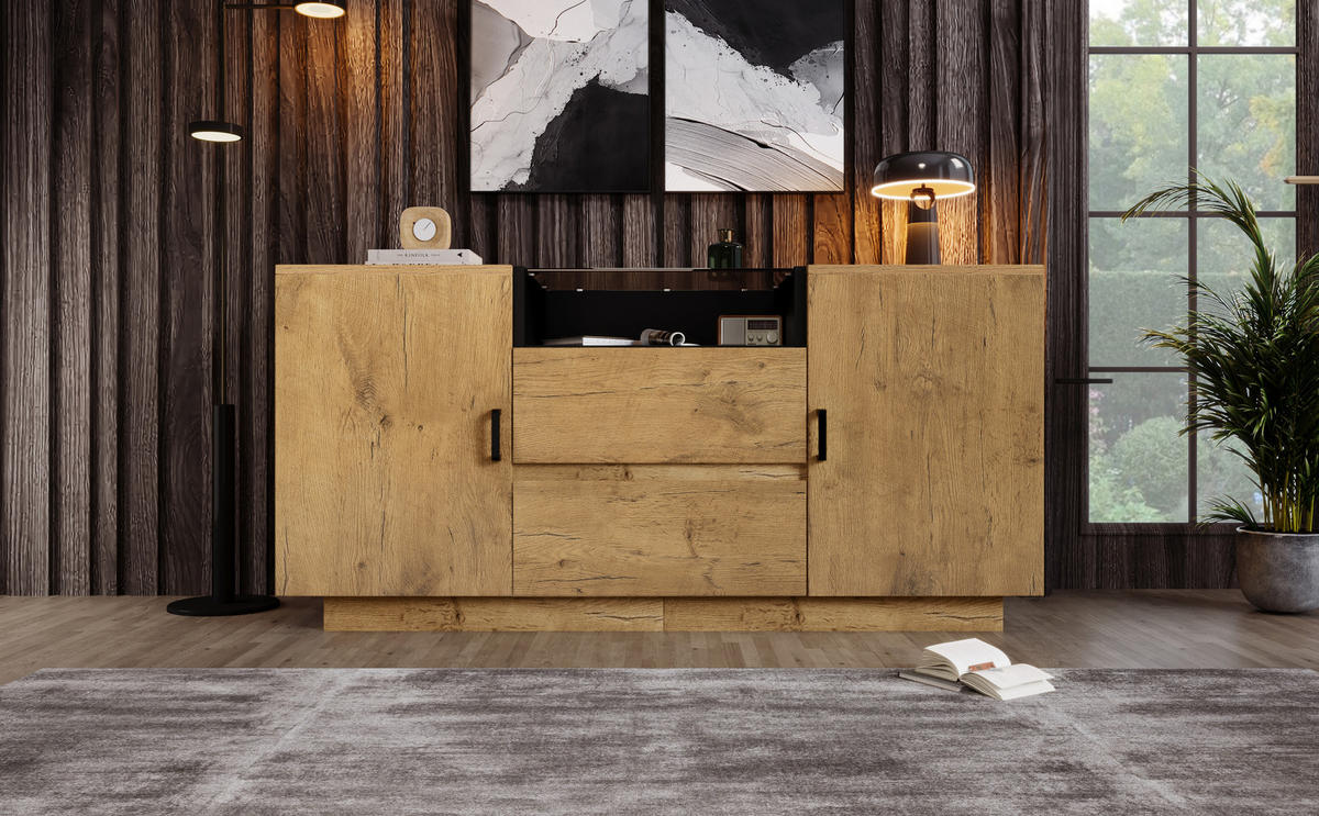 SIDEBOARD in Eichenoptik mit braun getöntem ESG-Glas, 2 Schubladen, 2 Türen und offenem Fach, schwarze Griffe, 140/40/70 cm, Eichenoptik - Eichefarben, Holzwerkstoff (140/70/40cm) - Redom