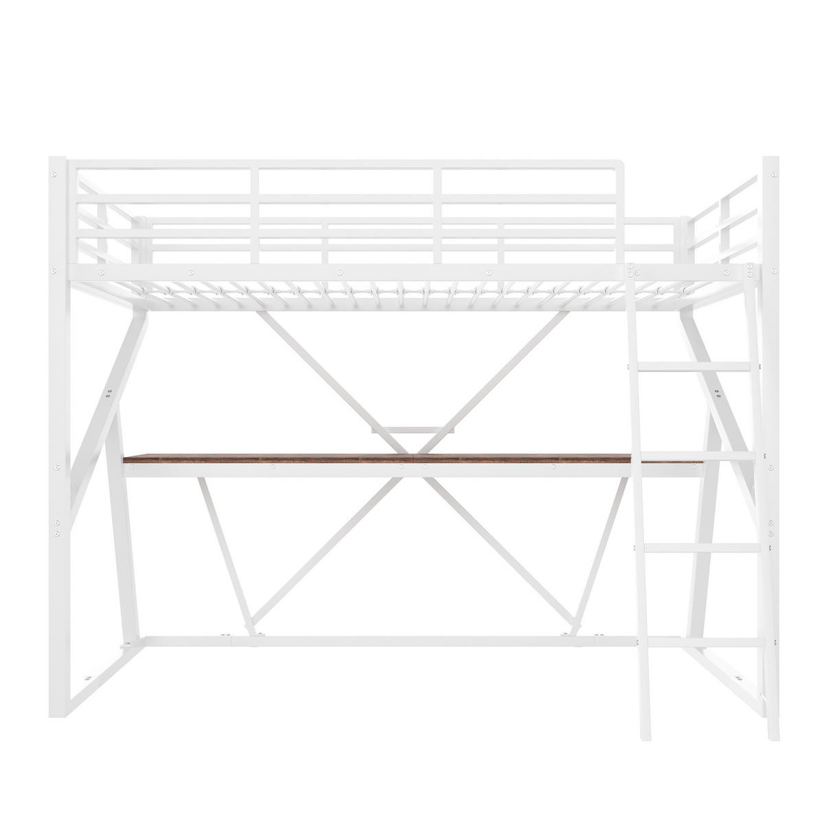 HOCHBETT aus Metall und MDF 90x200 cm Weiß mit LED-Leiste, Schreibtisch, Leiter und Rundum-Geländer - Weiß, Metall (90/200cm) - Modfu