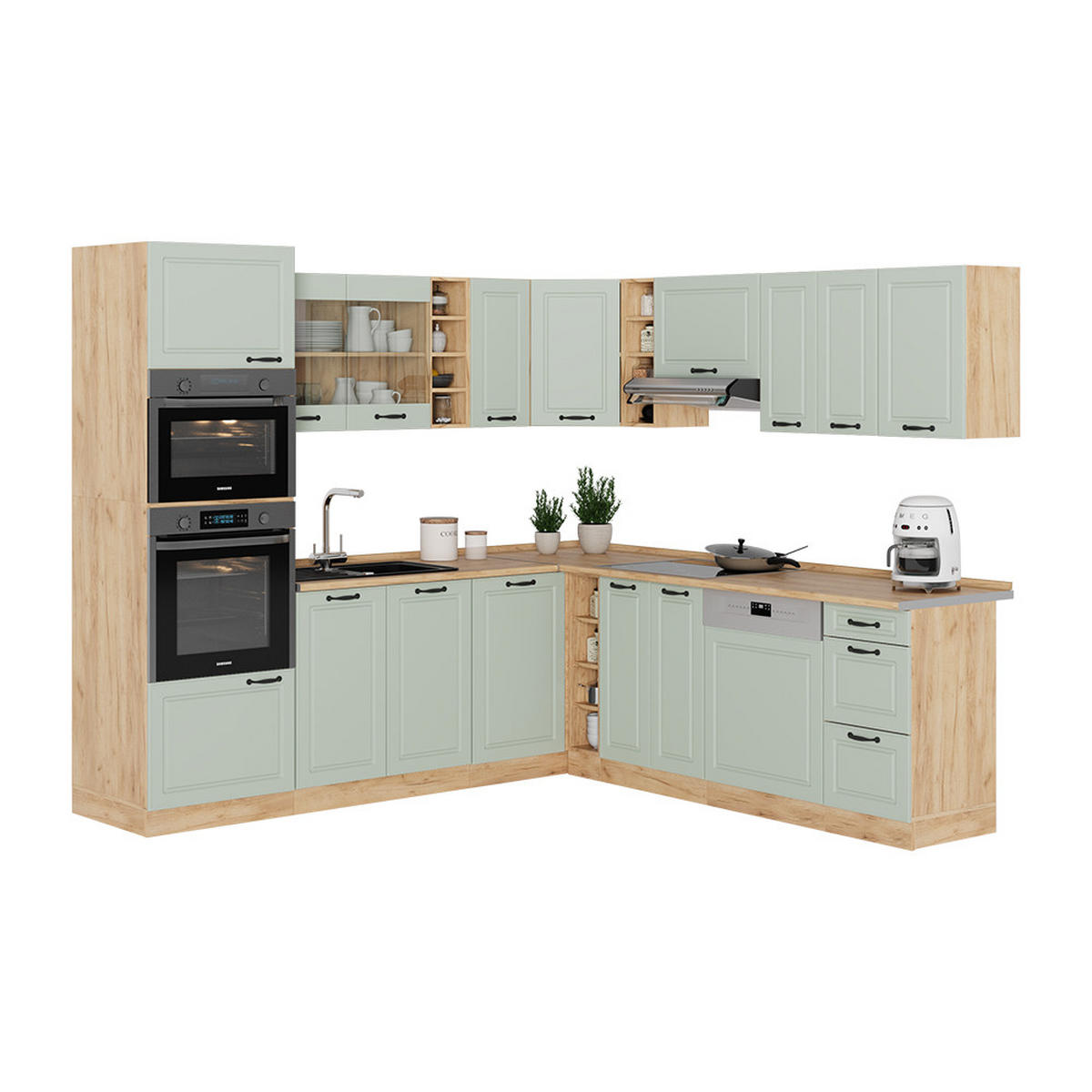 ECKKÜCHE R-Line, Mint Landhaus/Goldkraft Eiche, 247 x 237 cm - Honigeiche/Grün, Holzwerkstoff (247/206.8/46cm) - Vicco