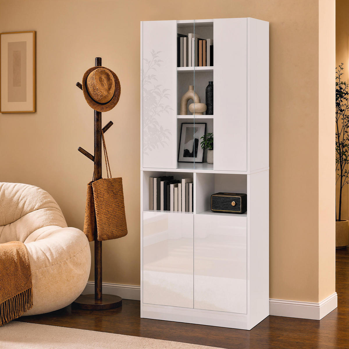 HOCHSCHRANK mit Acrylglas, LED und 2 Türen - Weiß, Holzwerkstoff (70/180/35cm) - FLIEKS