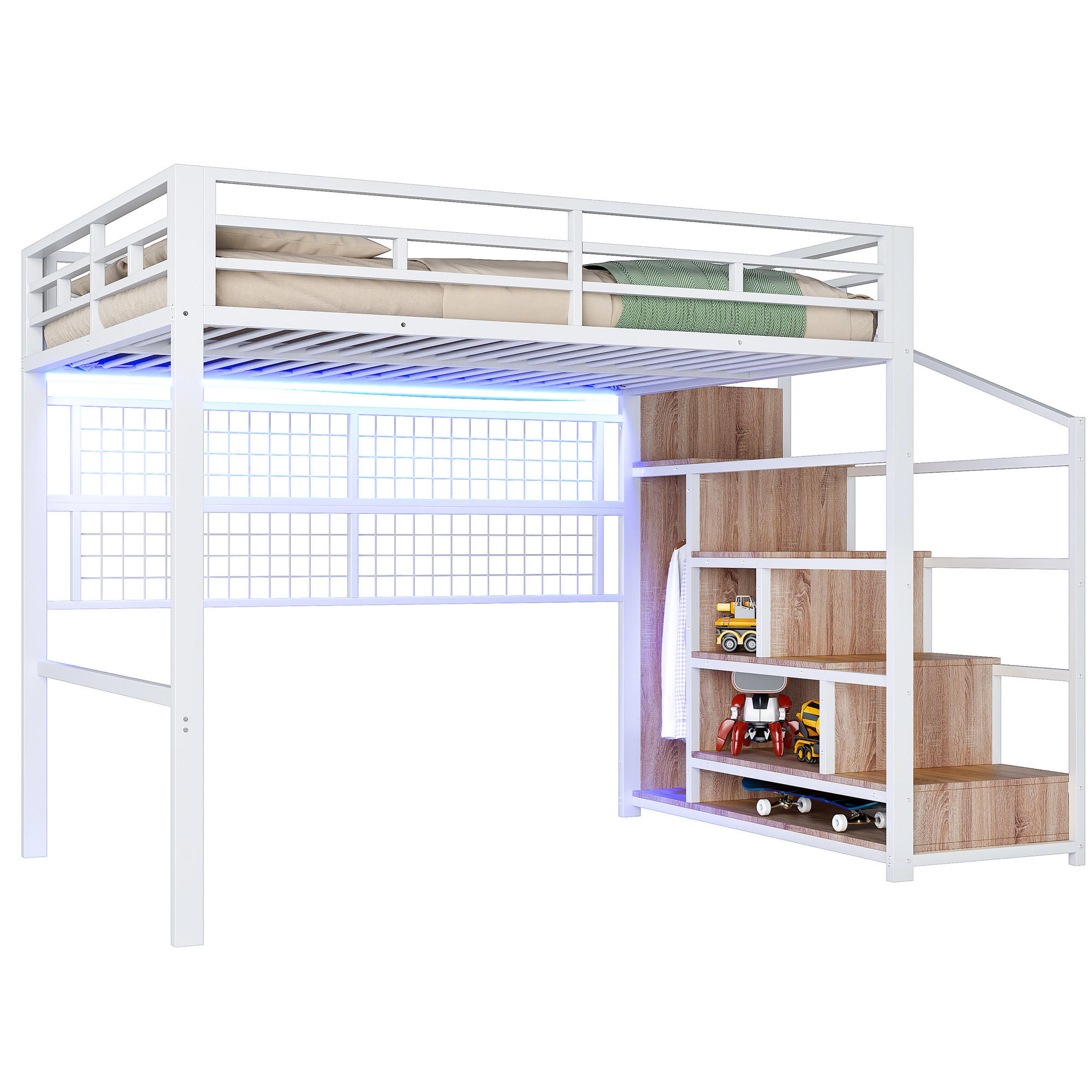 FLIEKS VYVÝŠENÁ POSTEL 140x200cm Kov Skříň LED Bílá