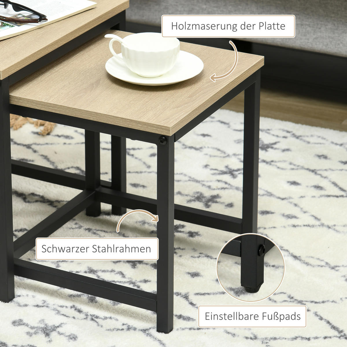 COUCHTISCH-SET eckig, Spanplatte, Naturholz - Naturfarben, Holzwerkstoff/Metall (45/45/44cm) - HOMCOM