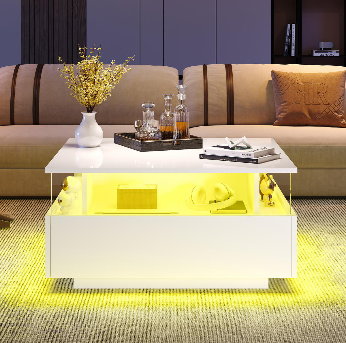 COUCHTISCH 70/70/41 cm weiß aus Spanplatte mit LED-Beleuchtung und 2 Schubladen - Weiß, Holzwerkstoff (70/70/41cm) - OKMYHOME