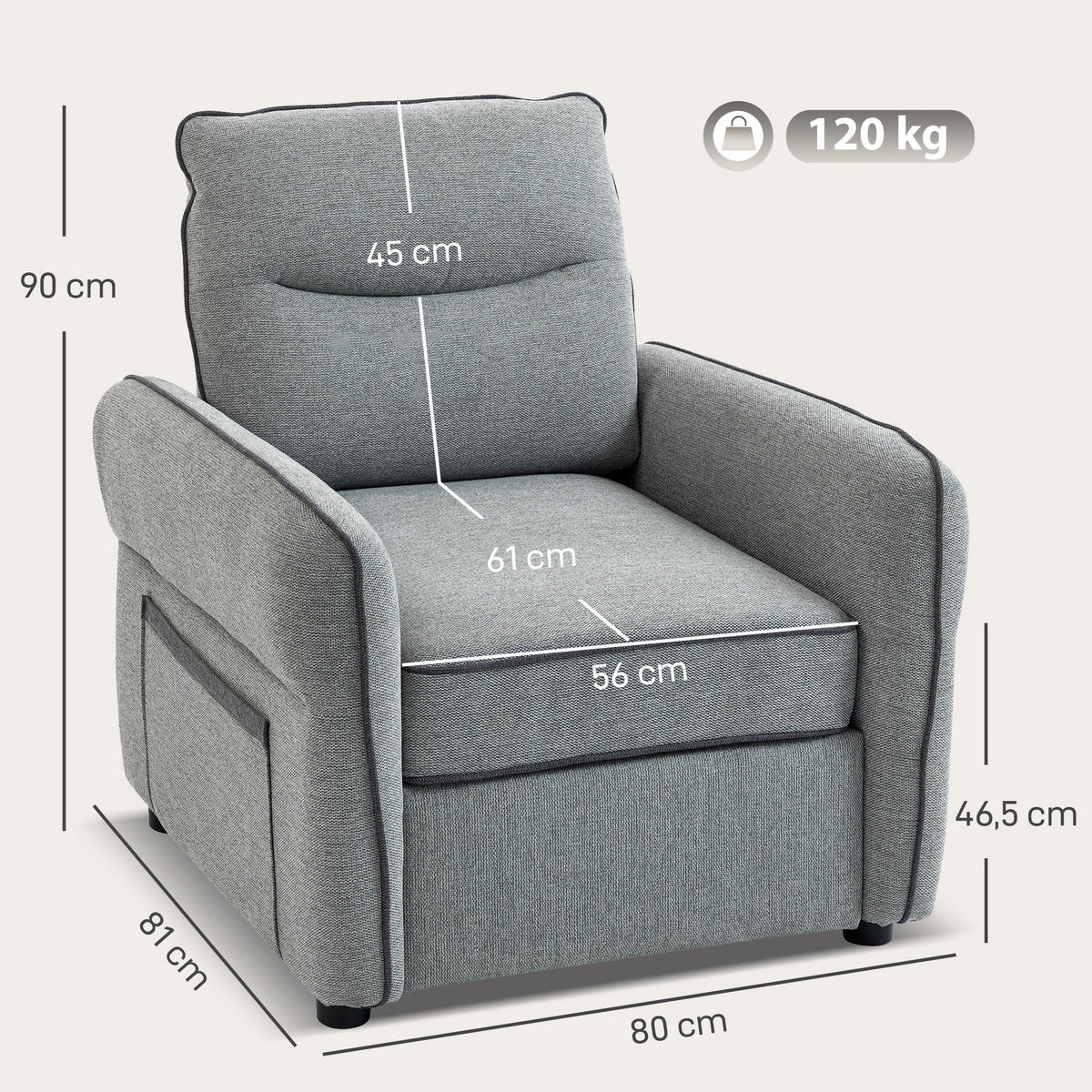 SESSEL DE-13491 1-Sitzer mit Seitentasche, ägyptischer Samt Grau - Grau, Textil (80/90/81cm) - ComfortXL