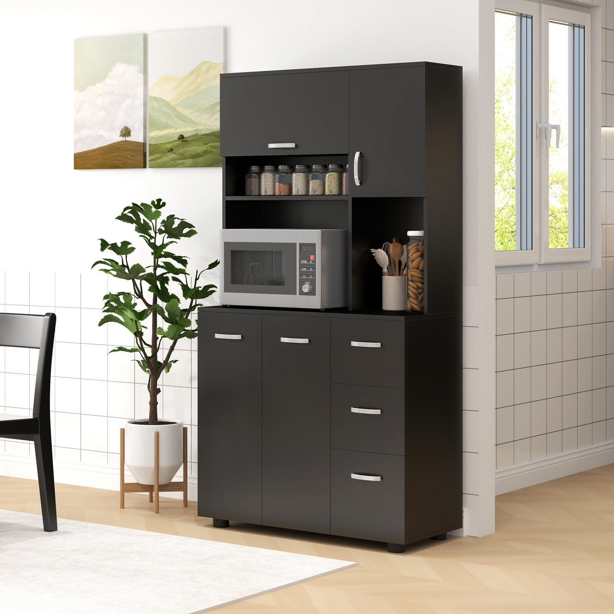 BUFFET DE-11116 4 Türen & 3 Schubladen mit Arbeitsplatte Schwarz - Schwarz, Holzwerkstoff (39.5/168/89cm) - ComfortXL