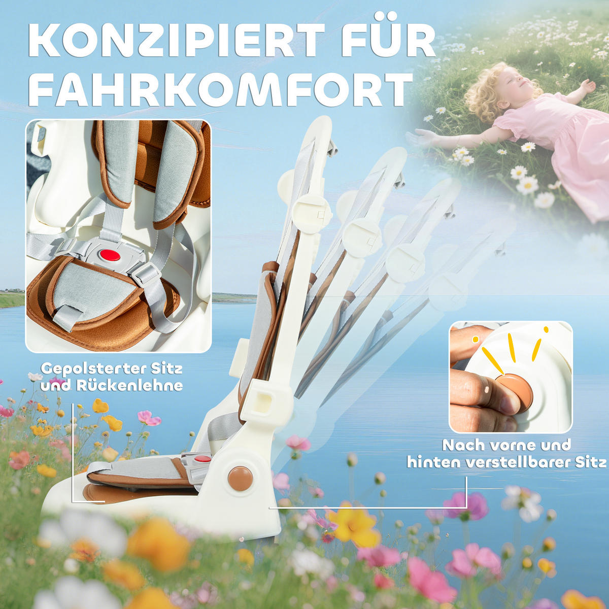 DREIRAD 5-in-1 mit Schubstange für 1-3 Jahre Faltbar mit reversiblem Sitz Creme - Creme, Metall (96.5/49/101cm) - AIYAPLAY