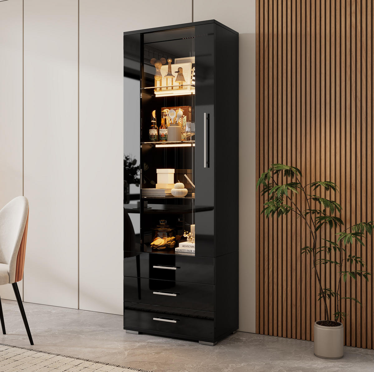 VITRINE aus MDF 60x35x180 cm Schwarz mit LED-Beleuchtung, Hochglanzfront und 3 Schubladen - Schwarz, Holzwerkstoff (60/180/35cm) - IVMEU