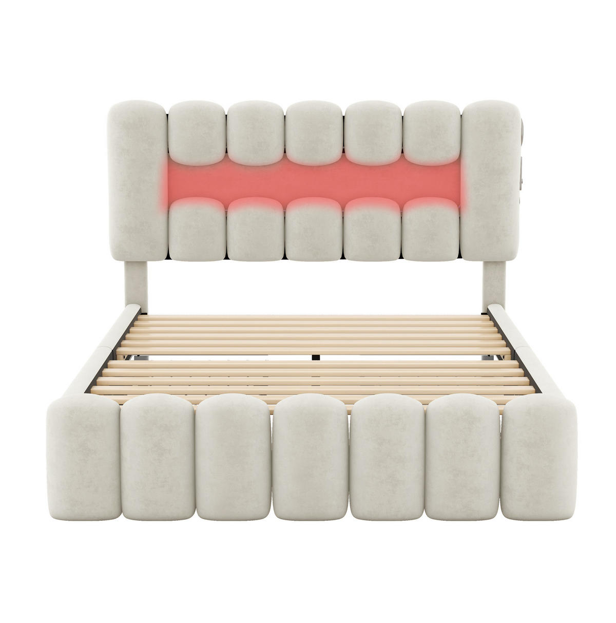 SAMT-POLSTERBETT 140/200 cm mit LED-Beleuchtung, USB und 4 Schubladen - Beige, Textil (140/200cm) - BEAOK