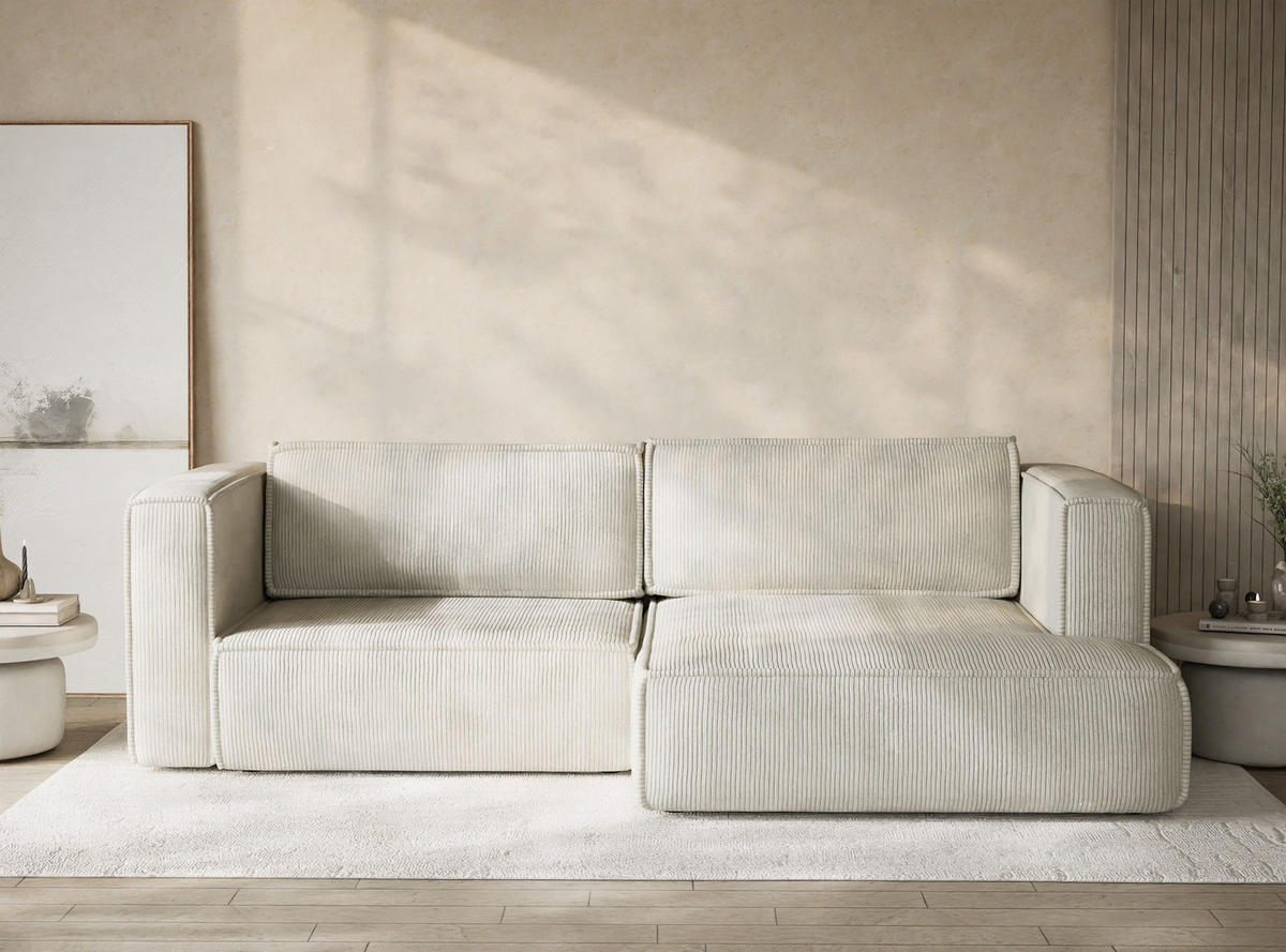 ECKSOFA MIT SCHLAFFUNKTION Velto Creme Samtstoff - Creme/Schwarz, Holz/Holzwerkstoff (250/152cm) - Maison de Reve