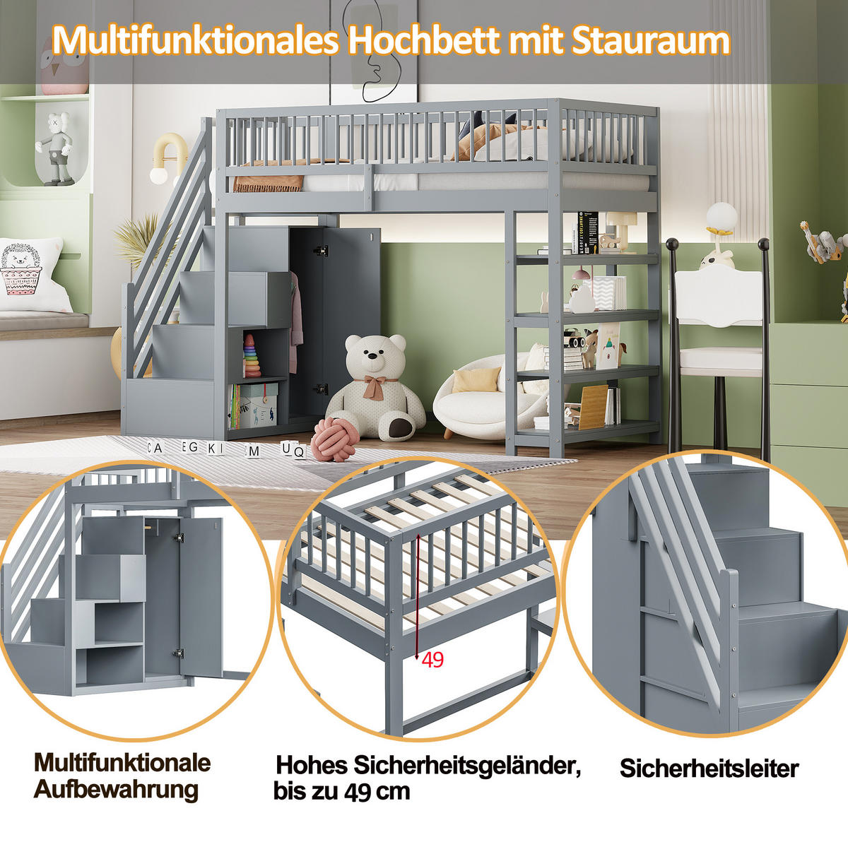 HOCHBETT aus Kiefernholz 90x200 cm Grau mit Kleiderschrank, Regalen und Stauraum - Grau, Holz (90/200cm) - IVMEU