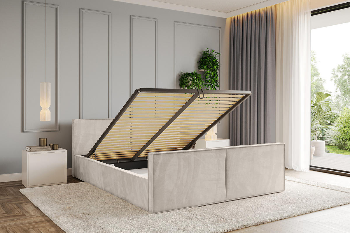 POLSTERBETT mit Bettkasten, Fußteil und Lattenrost, Boxbett mit Matratze H3/H4 - EMMI-Z-V1 180x200 Beige - Beige, Holzwerkstoff/Textil (180/200cm) - ALTDECOR