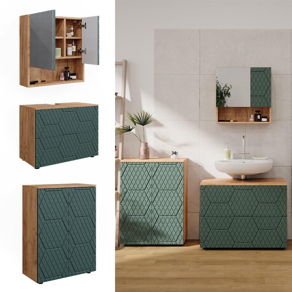 BADMÖBEL-SET Irma Grün 3 Teile, mit Unterschrank 80 cm - Eiche Wotan/Grün, Holzwerkstoff (80/58/41cm) - Vicco
