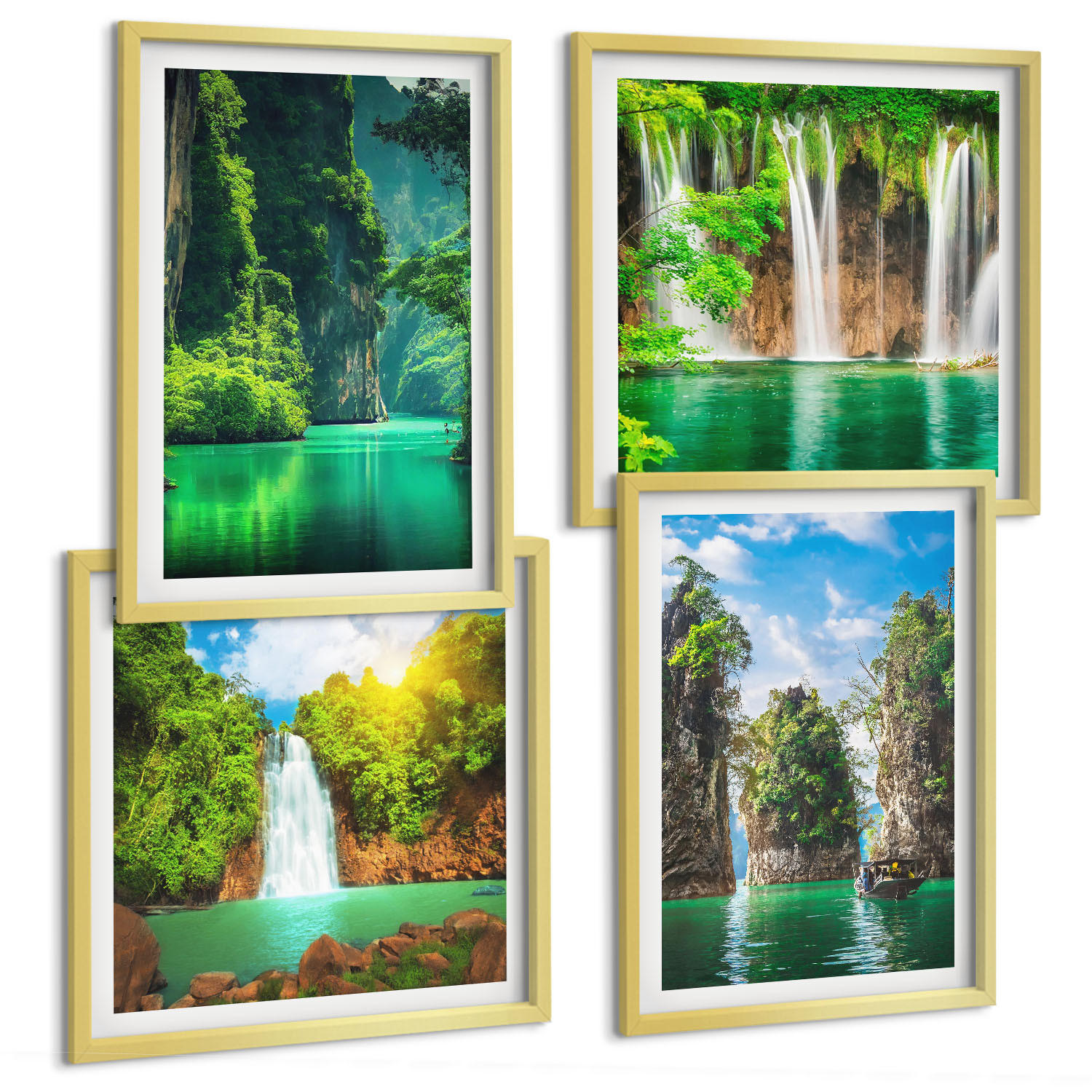 BILDER SET 4er Set - 50x50 cm & 40x60 cm Goldrahmen - Grüne Landschaften, Wasserfälle - Goldfarben, Kunststoff (50/50cm) - TULUP