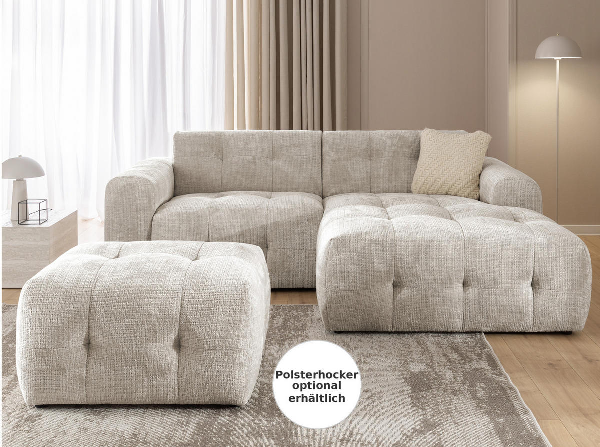 ECKSOFA mit Ottomane rechts, raffinierten Steppungen, Wellenunterfederung, B234/T161/H79 cm, Chenille-Bezug in Sand Grau / 21037 - Sandfarben/Greige, Kunststoff/Textil (234/79/161cm) - luma-home