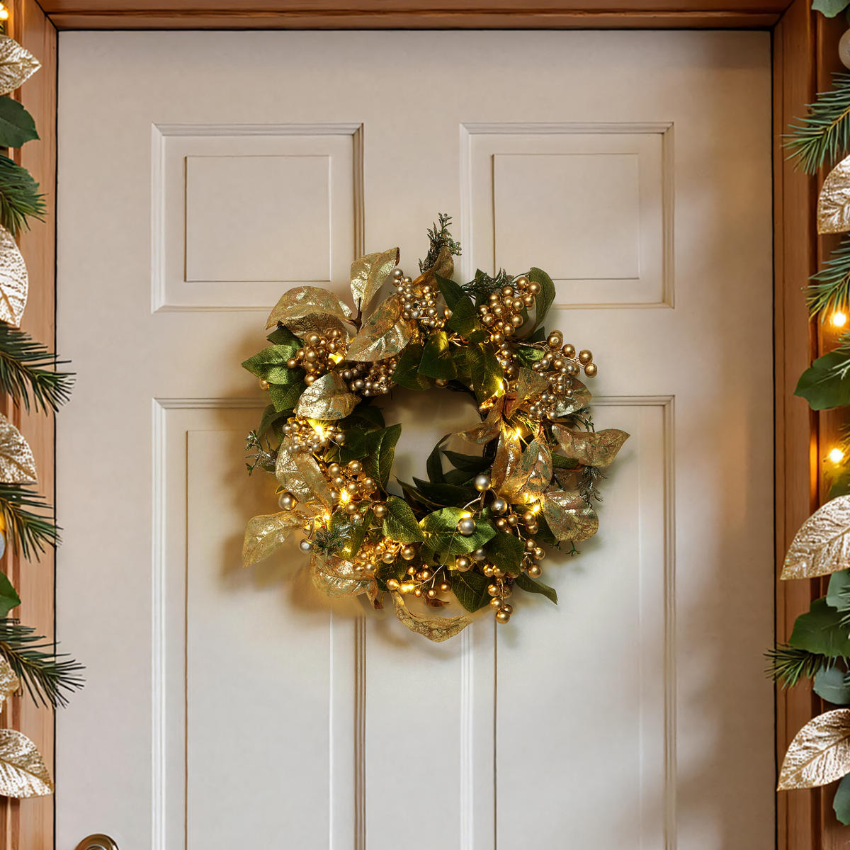 40CM Weihnachtskranz mit LED & Timer, Goldblätter & Beeren - Grün, Kunststoff (45cm) - Hometopia