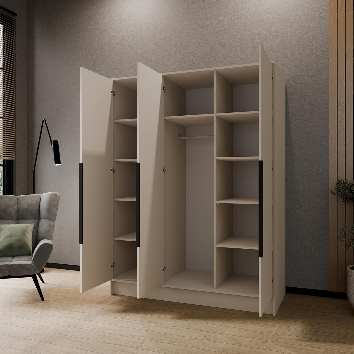 DREHTÜRENSCHRANK Porta ohne Spiegel, 150 cm, Kaschmir mit schwarzen Griffen - Kaschmir/Schwarz, Holzwerkstoff (150/200/51cm) - AN Furniture Store