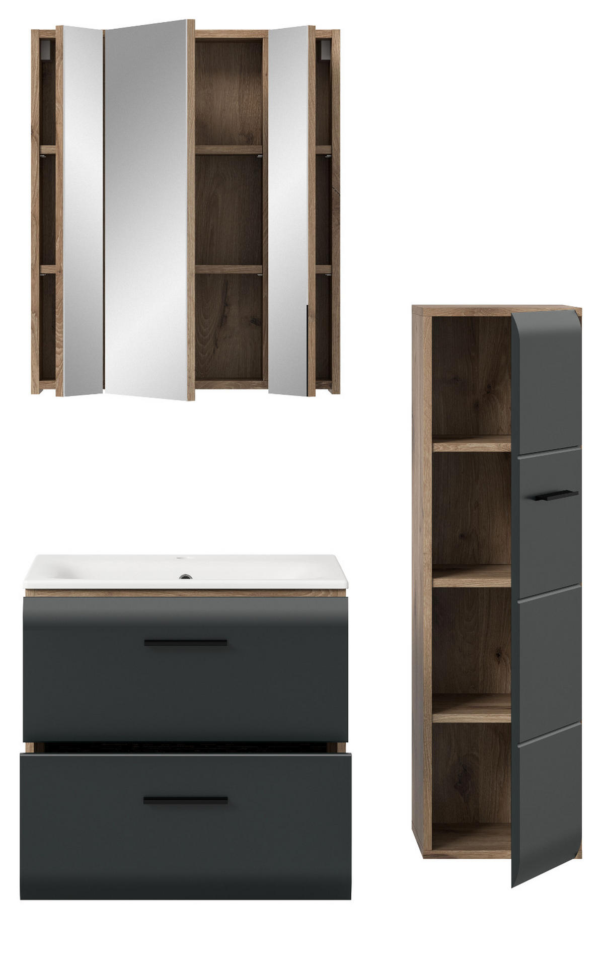 BADMÖBEL Set 3-teilig in schwarz matt und Eiche, Badezimmer komplett mit Waschbecken, 105 x 185 cm Cover - Eichefarben/Schwarz, Glas/Holzwerkstoff (105/185/46cm) - Inn.Furn