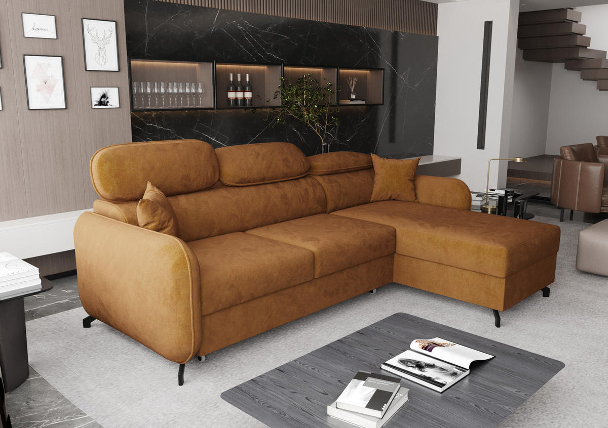 ECKSOFA L Form Ribella 5 Bernstein 265/180/100 cm Rechts mit Schlaffunktion - Gelb/Schwarz, Textil/Metall (265/180cm) - AX Living