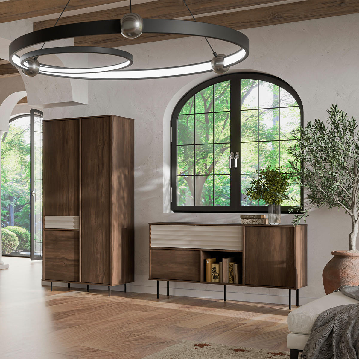 SCHRANK Astra Dunkles Holz und Kaschmir - Beige, Holzwerkstoff (90/195/52cm) - Petits-meubles