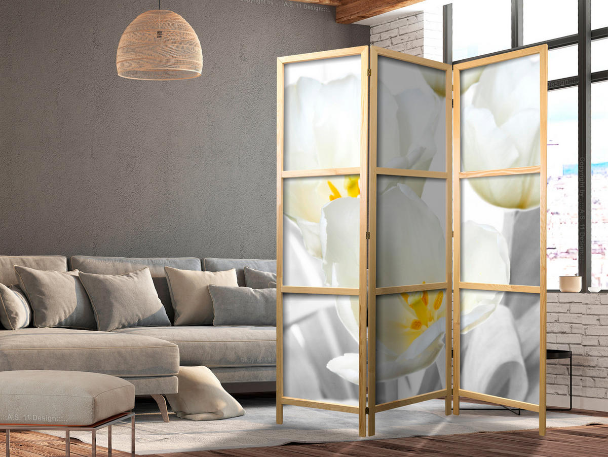 PARAVENT Japanischer 3-tlg 135x172 cm Wei e Blumen - Weiß, Holz/Textil (135/172/3cm) - Muralo