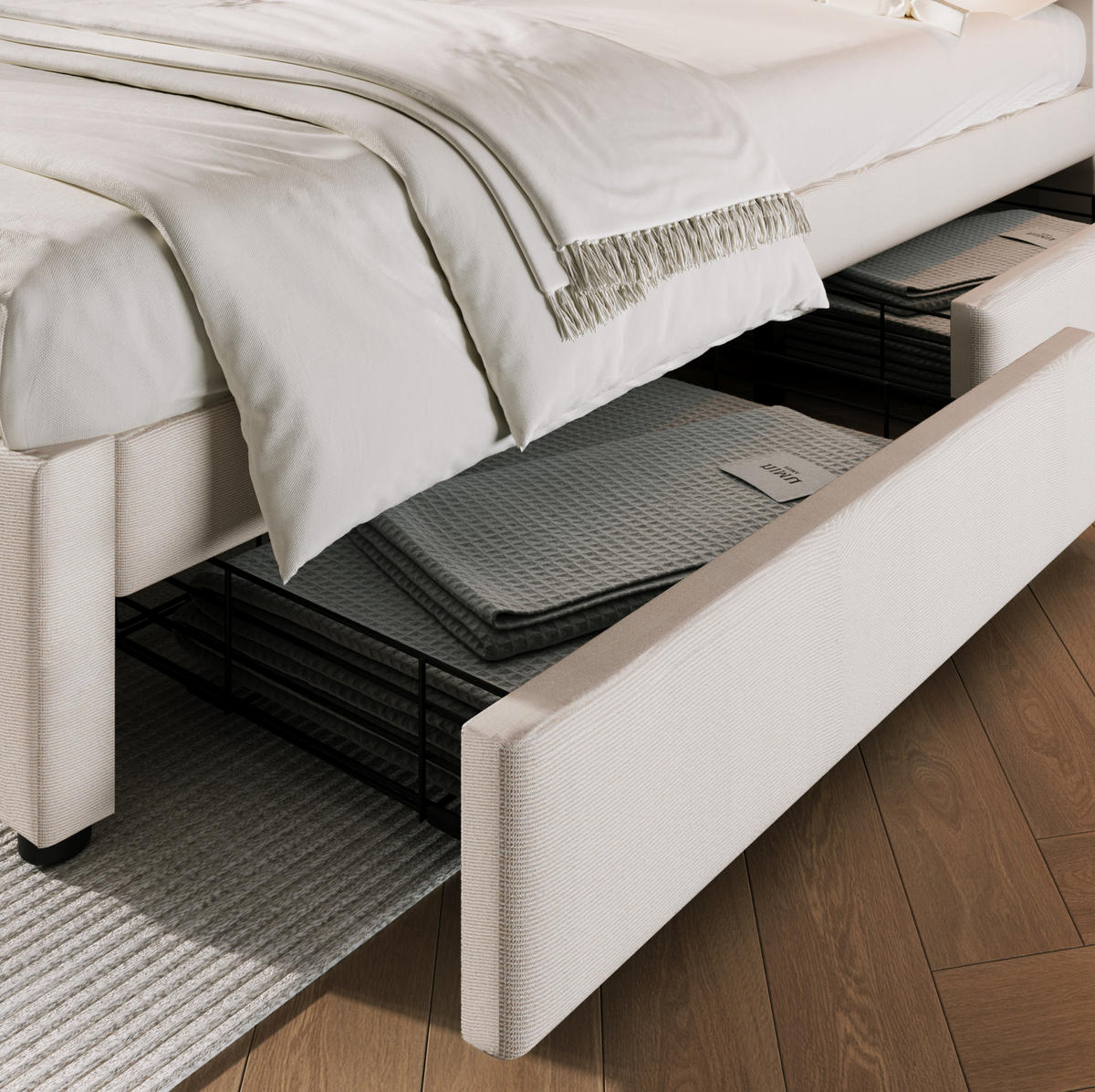ČALÚNENÁ posteľ z ľanu 140x200 cm svetlobéžová s matracom, USB-C, nastaviteľným čelom a 4 zásuvkami - béžová, textil (140/200cm) - Modfu