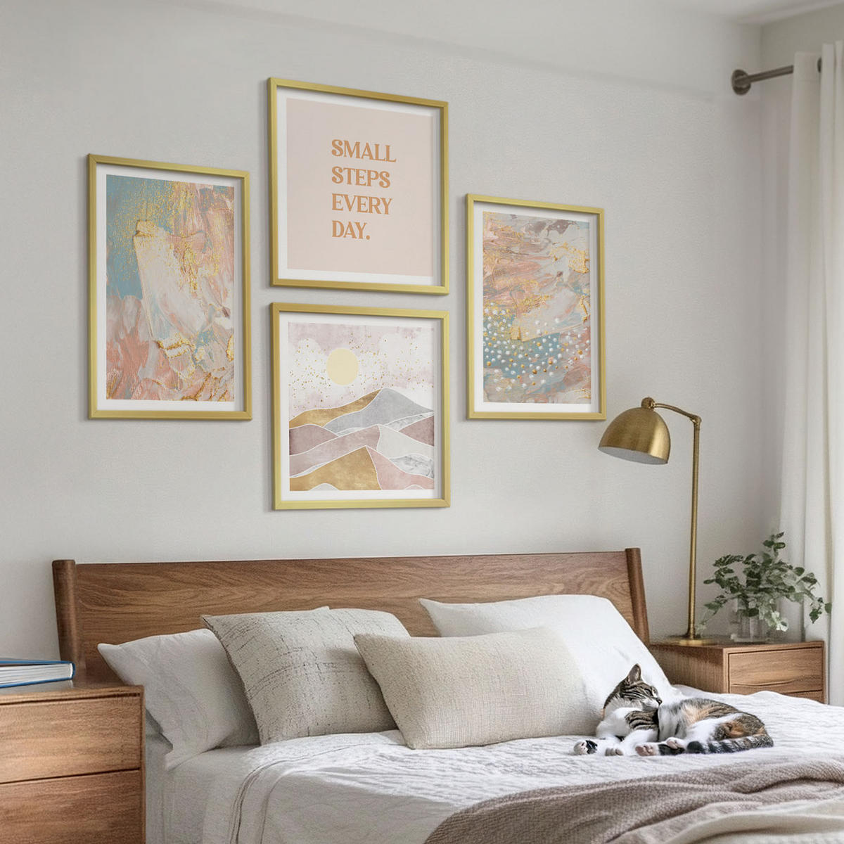 BILDER SET 4er Set - 50x50 cm & 40x60 cm Goldrahmen - Abstrakte Pastellmuster - Goldfarben, Kunststoff (50/50cm) - TULUP