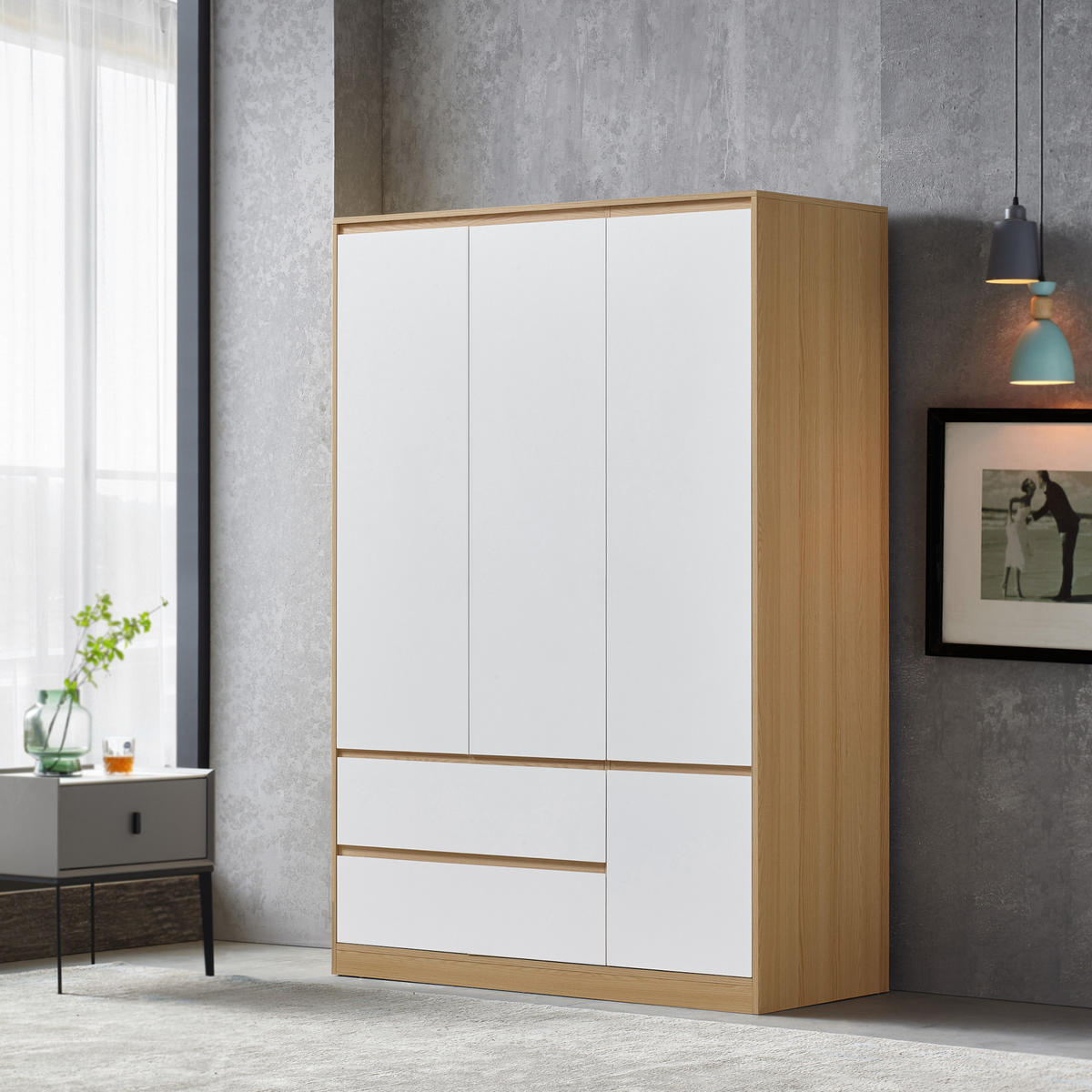 KLEIDERSCHRANK Bastheim - Eichefarben/Weiß, Holzwerkstoff (120/176/52cm) - [en.casa]