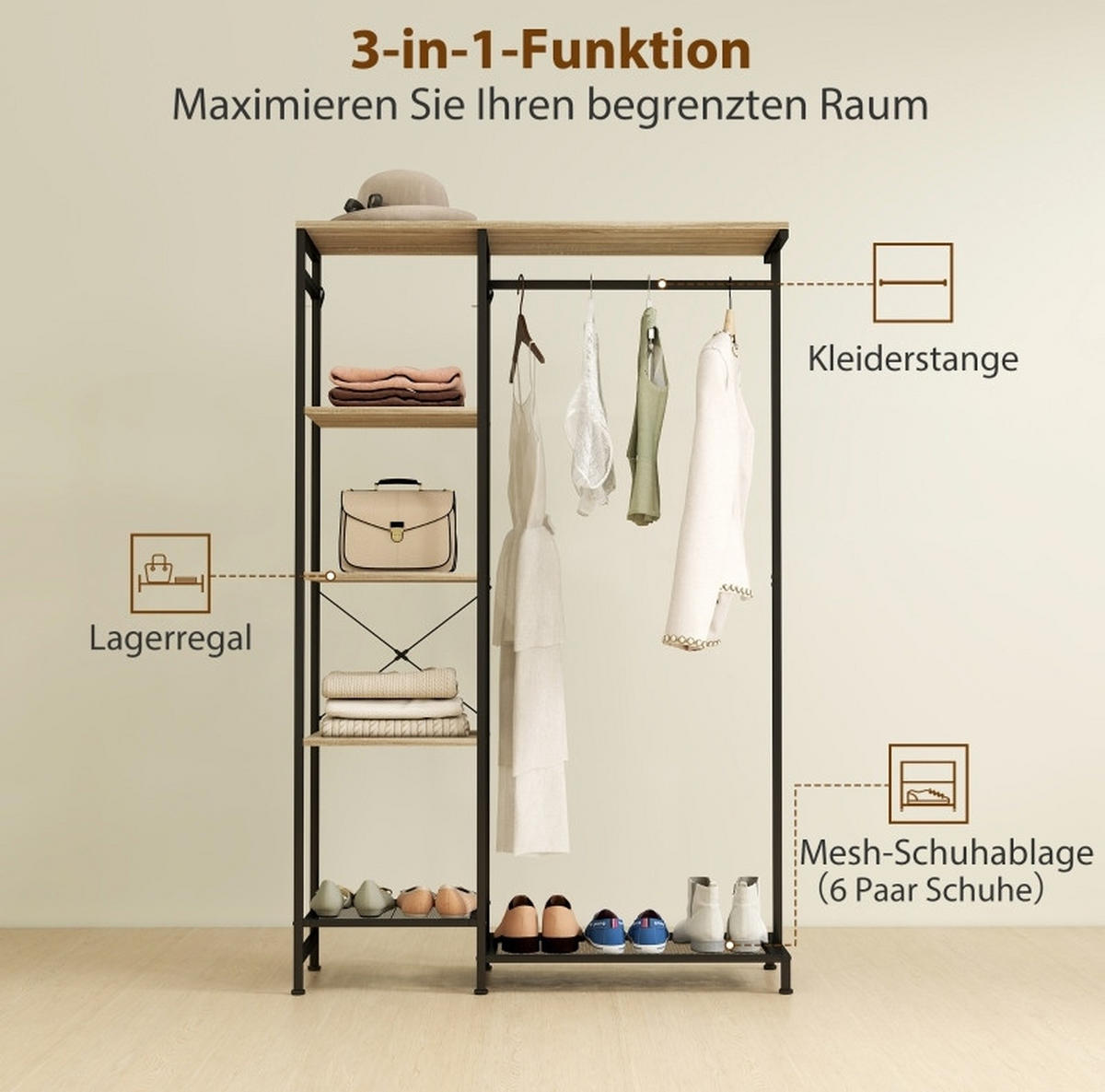 STANDGARDEROBE 100/35/156 cm mit Kleiderstange, Ablage und Schuhregal im Industrial-Stil, Eichefarben/Schwarz - Eichefarben, Metall (100/156/35cm) - Redom