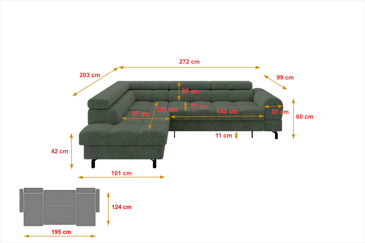 ECKSOFA mit Schlaffunktion Ottomane Links LUMA-L 272x203x70 Grün Velours - Schwarz/Grün, Holzwerkstoff/Kunststoff (272/203cm) - ALTDECOR