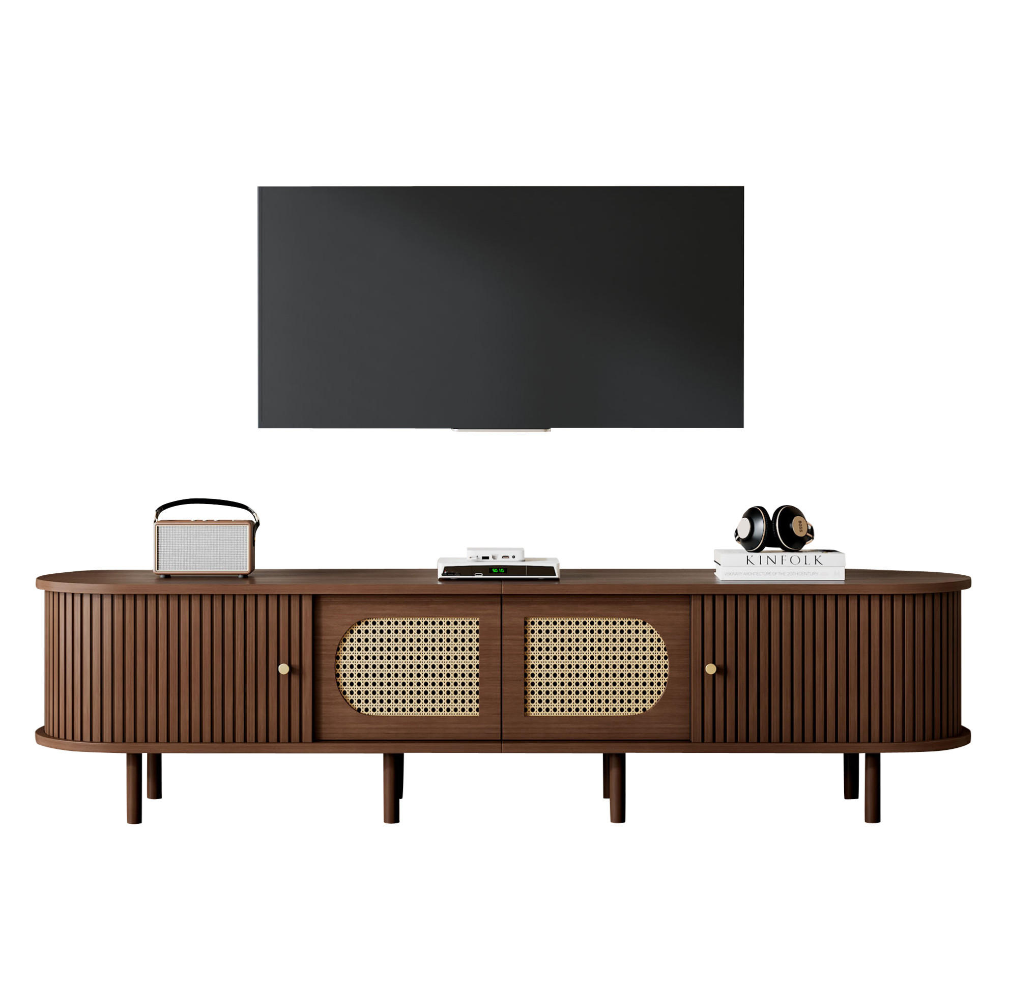 TV stolek 180/40/40 cm se 2 dvířky, 2 roletovými dvířky a MDF korpusem, Tmavý dub - barva vlašského ořechu/hnědá, kompozitní dřevo (180/40/40cm) - Redom