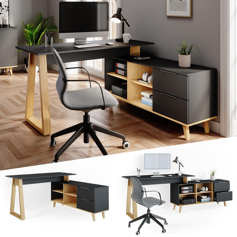 SCHREIBTISCH Nautica Anthrazit 138 x 60 cm mit Schubladen, XXL - Anthrazit/Buchefarben, Holzwerkstoff (60/138/77cm) - Vicco