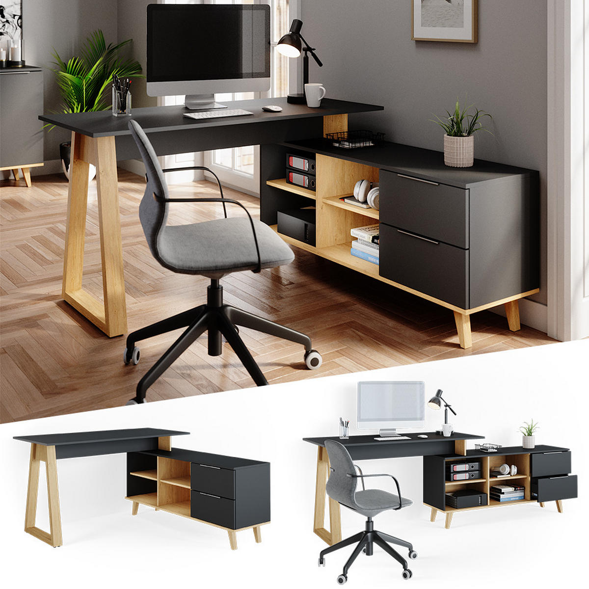 SCHREIBTISCH Nautica Anthrazit 138 x 60 cm mit Schubladen, XXL - Anthrazit/Buchefarben, Holzwerkstoff (60/138/77cm) - Vicco