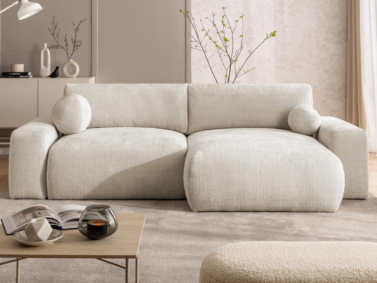 ECKSOFA Puffy mit Schlaffunktion und Bettkasten - besonders weich und puffig aus Beige Chenille-Stoff - Ottomane rechts - Beige/Creme, Holz/Kunststoff (266/138cm) - S-Style Möbel