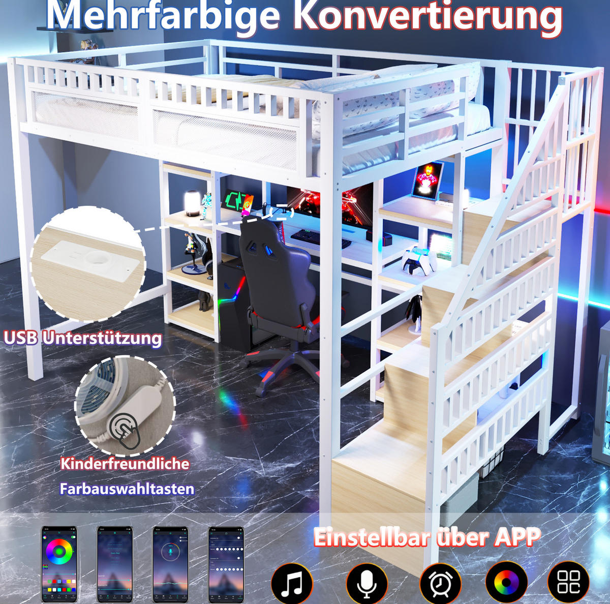 HOCHBETT 140/200 cm Weiß mit Schreibtisch und LED-Beleuchtung aus Metall - Weiß, Metall (140/200cm) - OKWISH