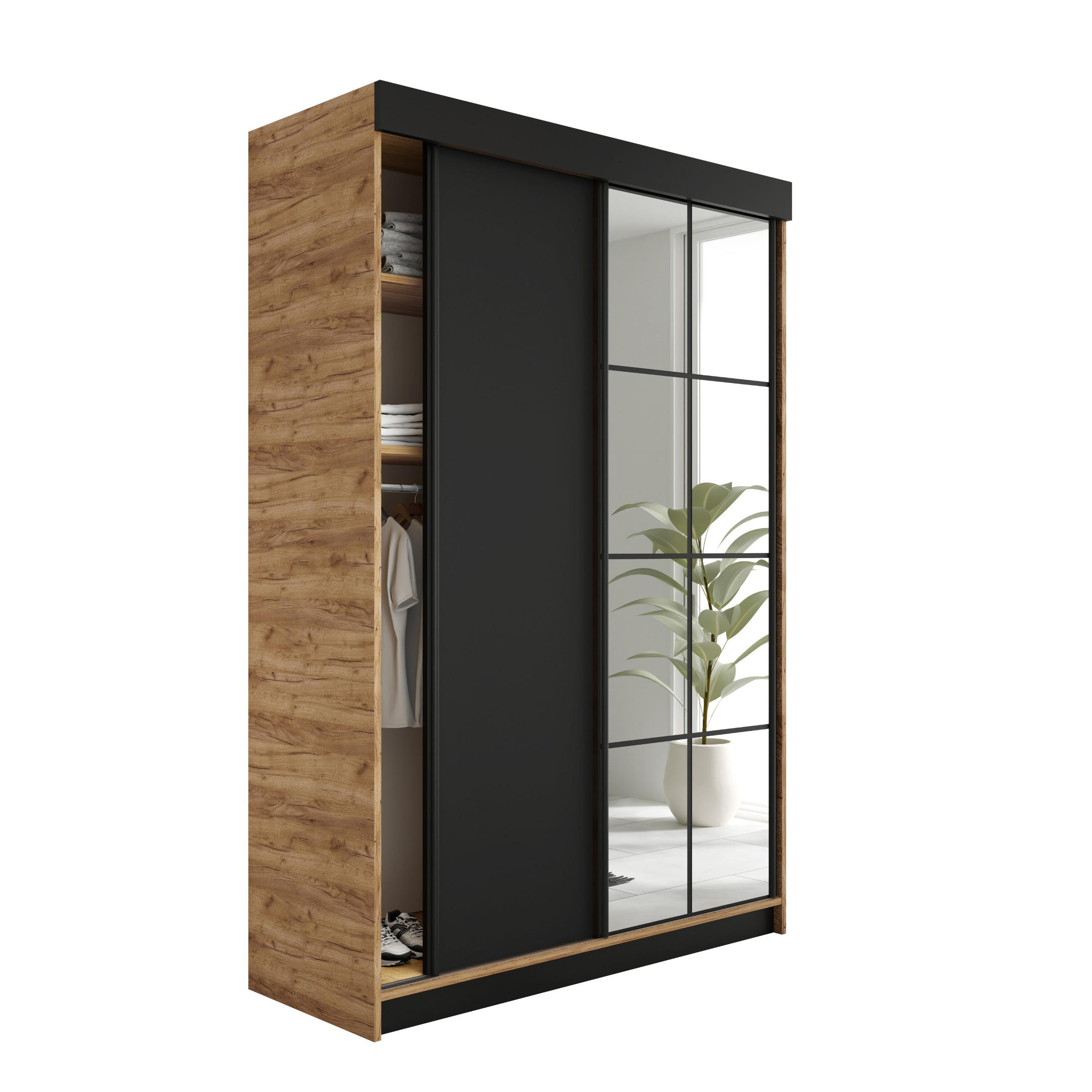 SCHIEBETÜRENSCHRANK LAMARO - 138x205x59 - Eiche Craft Gold & Schwarz - Honigeiche/Schwarz, Holzwerkstoff (138/205/59cm) - Kier Furniture
