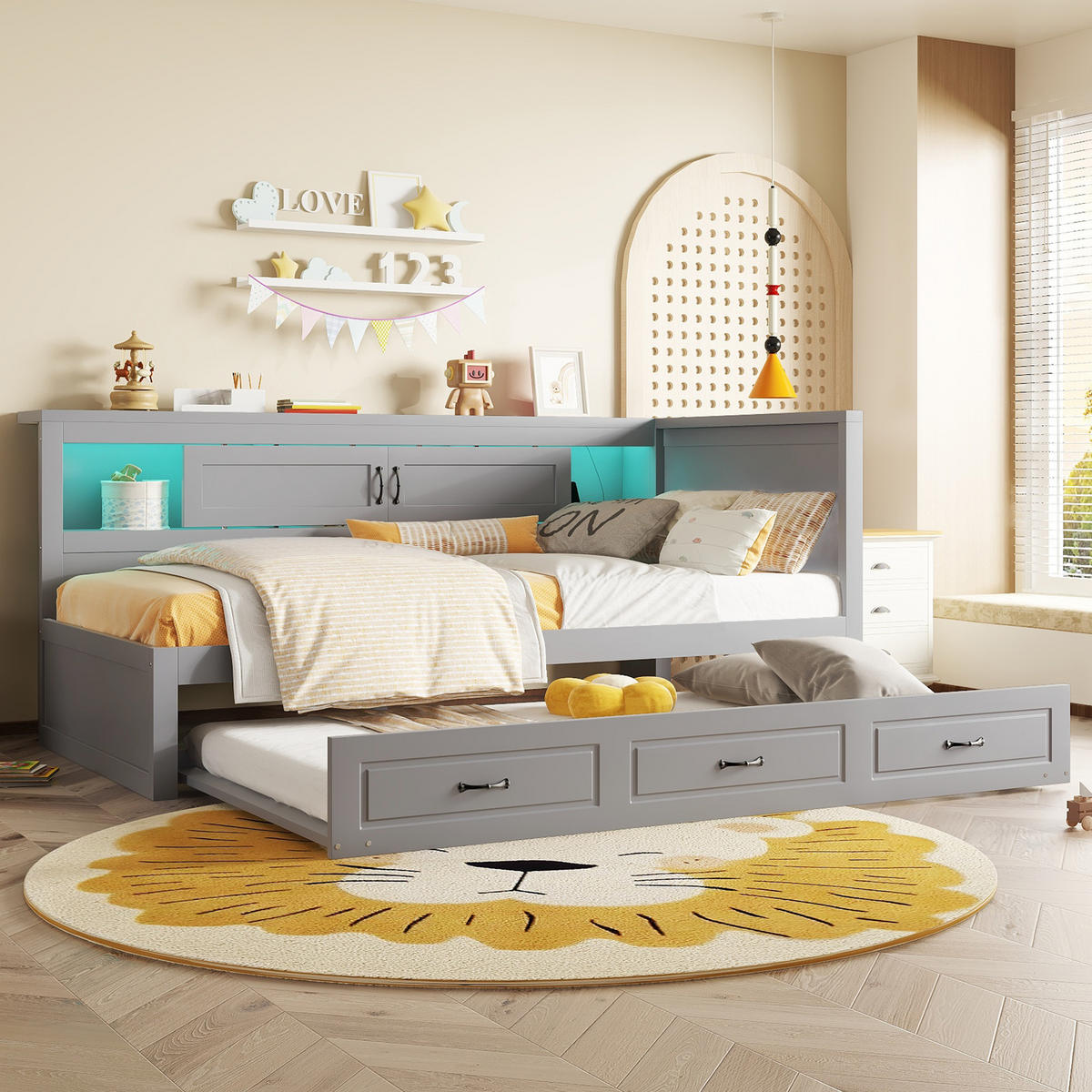 POLSTERBETT aus Spanplatte & MDF 90x200 cm in Grau mit LED, Ausziehbett & USB - Grau, Holzwerkstoff (90/200cm) - Modfu