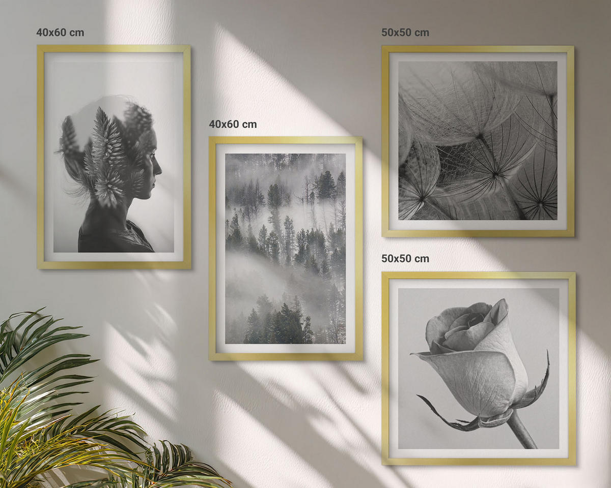 BILDER SET 4er Set - 50x50 cm & 40x60 cm Goldrahmen - Waldnebelporträt einer Frau - Goldfarben, Kunststoff (50/50cm) - TULUP