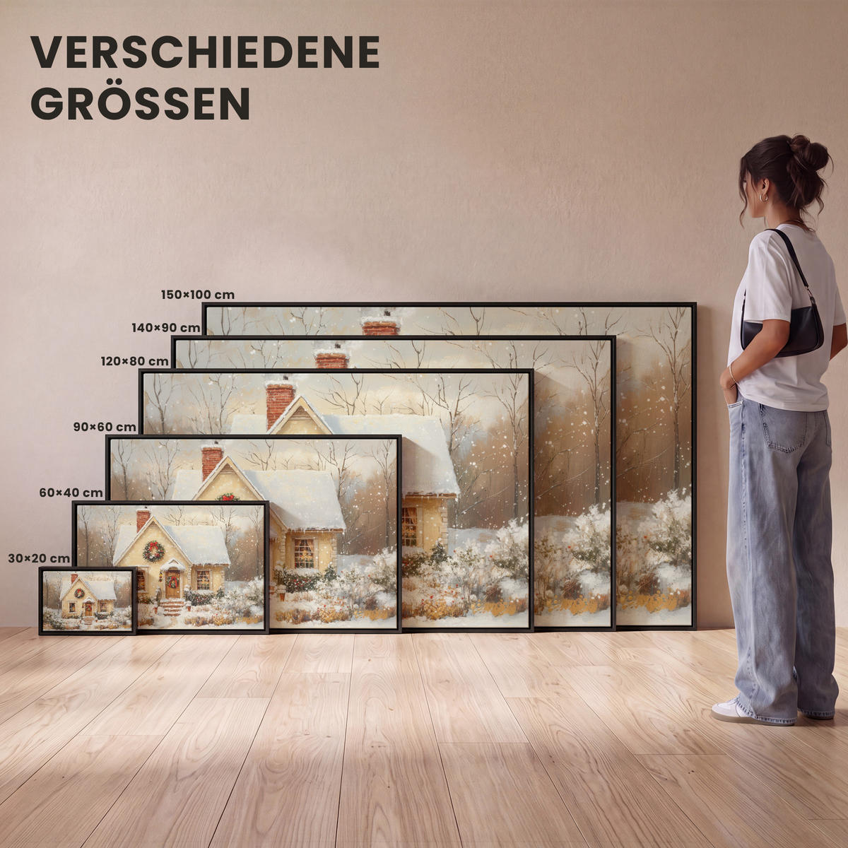 LEINWAND Bilder mit Rahmen - Weihnachten - Zuhause - Winter - Schnee - 60x40 - Creme, Textil (60/40cm) - MuchoWow