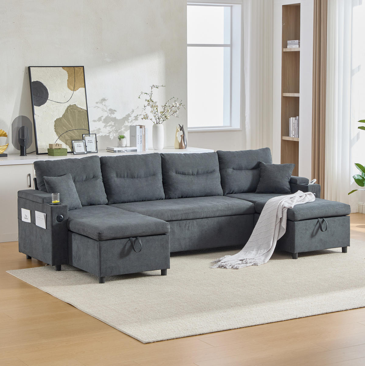 WOHNLANDSCHAFT Leinenstoff mit 2 Chaiselongues Stauraum und USB-Anschluss 272/136/86 cm Dunkelgrau - Dunkelgrau, Textil (136/86/272cm) - Redom