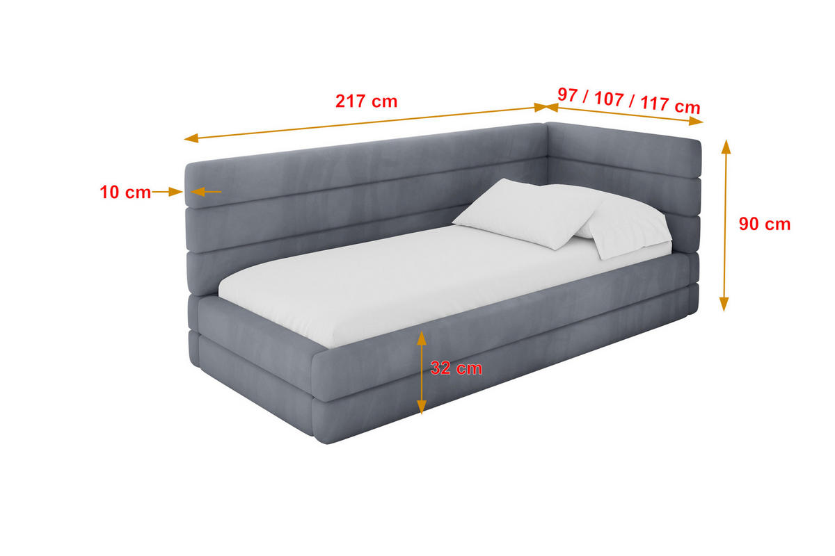 EINZELLBETT Jugendbett mit Bettkasten, Links - BEMY 90x200 Grau - Grau, Holzwerkstoff/Textil (90/200cm) - ALTDECOR