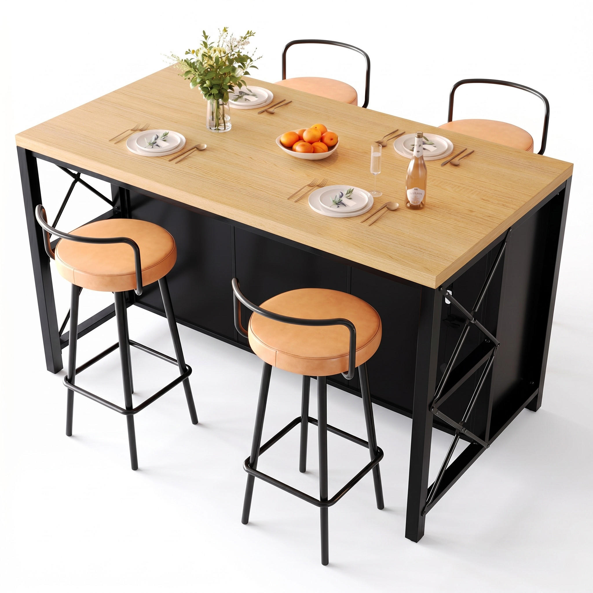 KÜCHENINSEL Mit 4 Barhockern, 150x80x90 Cm, Beleuchtung, Schwarz-Natur - Multicolor, Holzwerkstoff (150/90/80cm) - FLIEKS