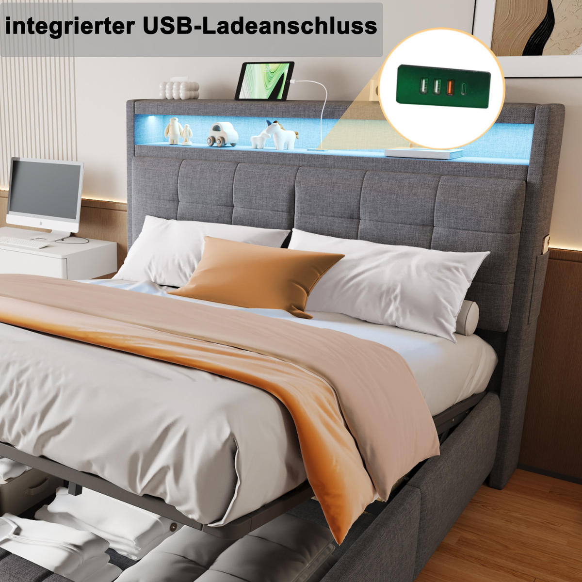 POLSTERBETT 160x200 cm Grau LED USB Stauraum Hydraulik Lattenrost - Grau, Holzwerkstoff - FLIEKS
