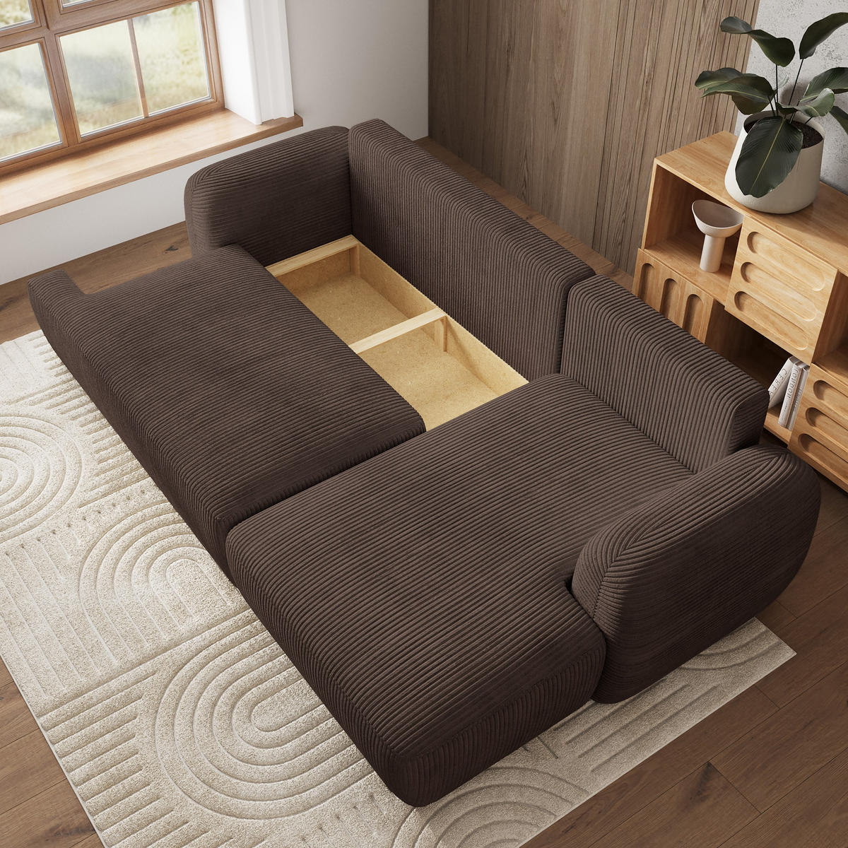 ECKSOFA MODENZA P R-S Braun Kordstoff mit Schlaffunktion - Braun, Holz (266/148cm) - MASSENO