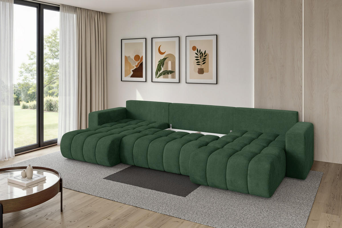 SEDACÍ SOUPRAVA DO U s funkcí spaní a úložným prostorem MILA-U-v1 378x194x86 zelená manšestr - černá/tmavě zelená, kompozitní dřevo/textil (378/86/194cm) - ALTDECOR