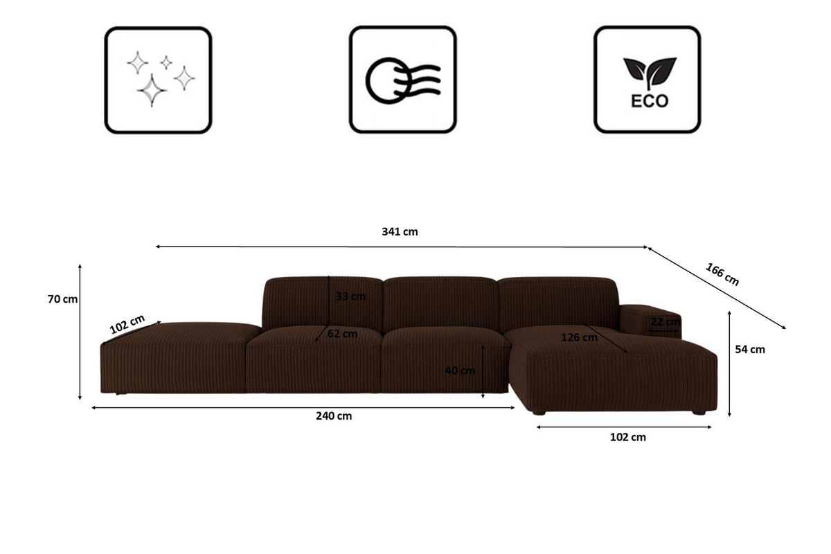 ECKSOFA Cursal L-Form, Stoff Poso, Braun + Hocker, Rechts - Braun, Holz (341/166cm) - Kaiser Möbel