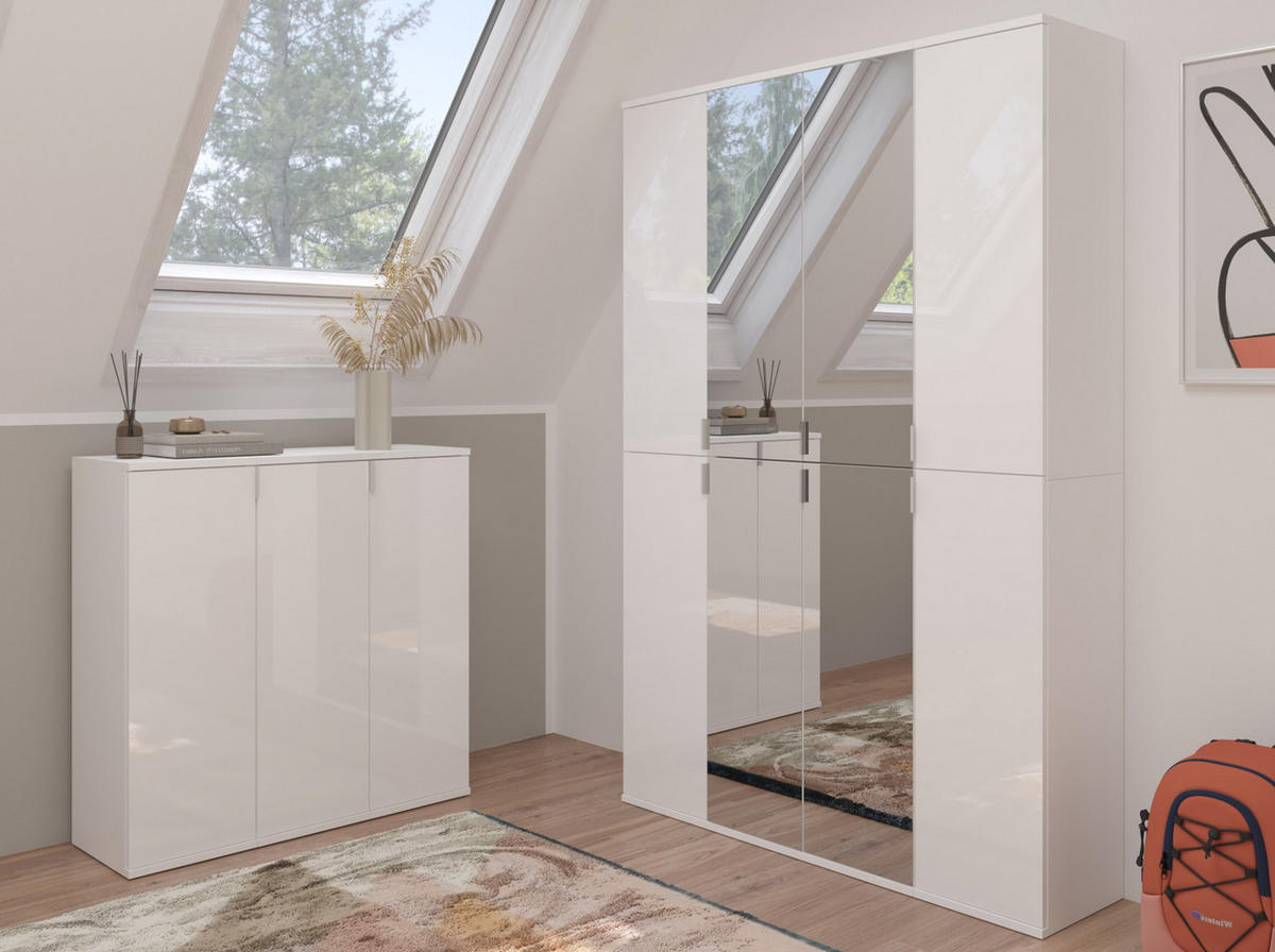 KOMMODE weiß Hochglanz 61 cm 2-türig, Mehrzweckschrank mit 6 Fächern, Garderobenmöbel - Weiß Hochglanz/Silberfarben, Holzwerkstoff/Kunststoff (61/99/34cm) - Inn.Furn