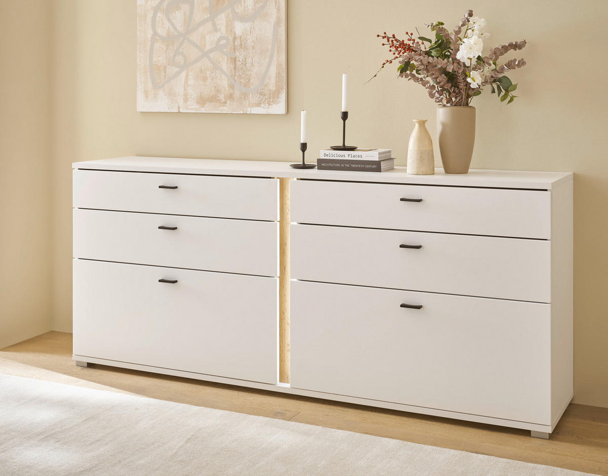 SIDEBOARD weiß matt, Eiche Wotan 200 cm, Kommode inklusive Frontbeleuchtung - Silberfarben/Eiche Wotan, Holzwerkstoff/Kunststoff (200/86/42cm) - Furn.Design