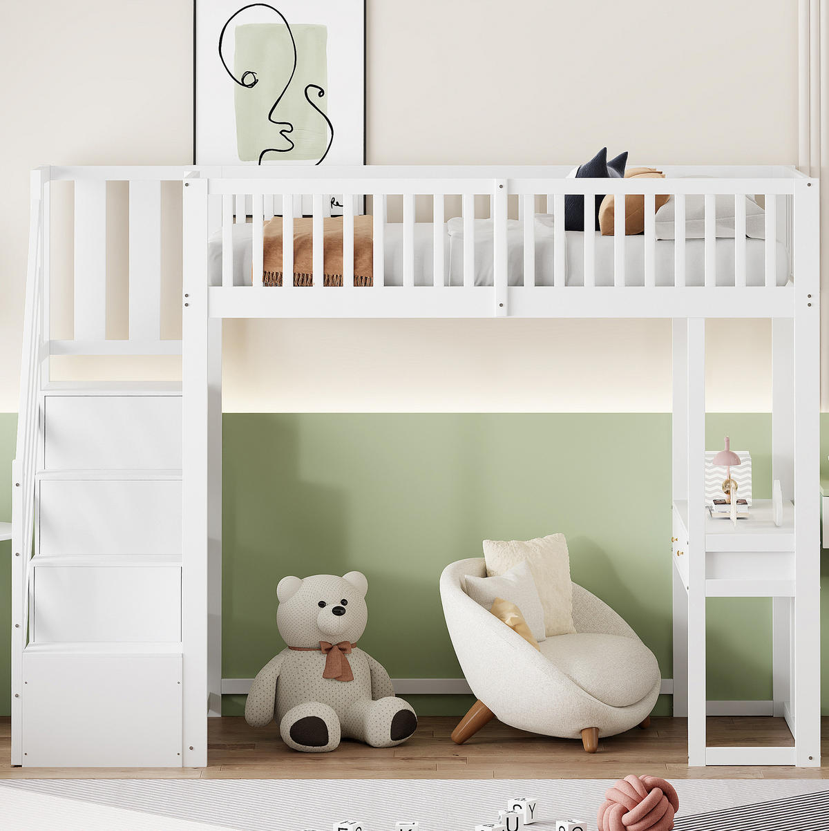 HOCHBETT 90/200 cm aus Kiefer, Sperrholz und MDF mit Stauraumtreppe und Multifunktionstisch Weiß - Weiß, Holz (90/200cm) - Modenvie