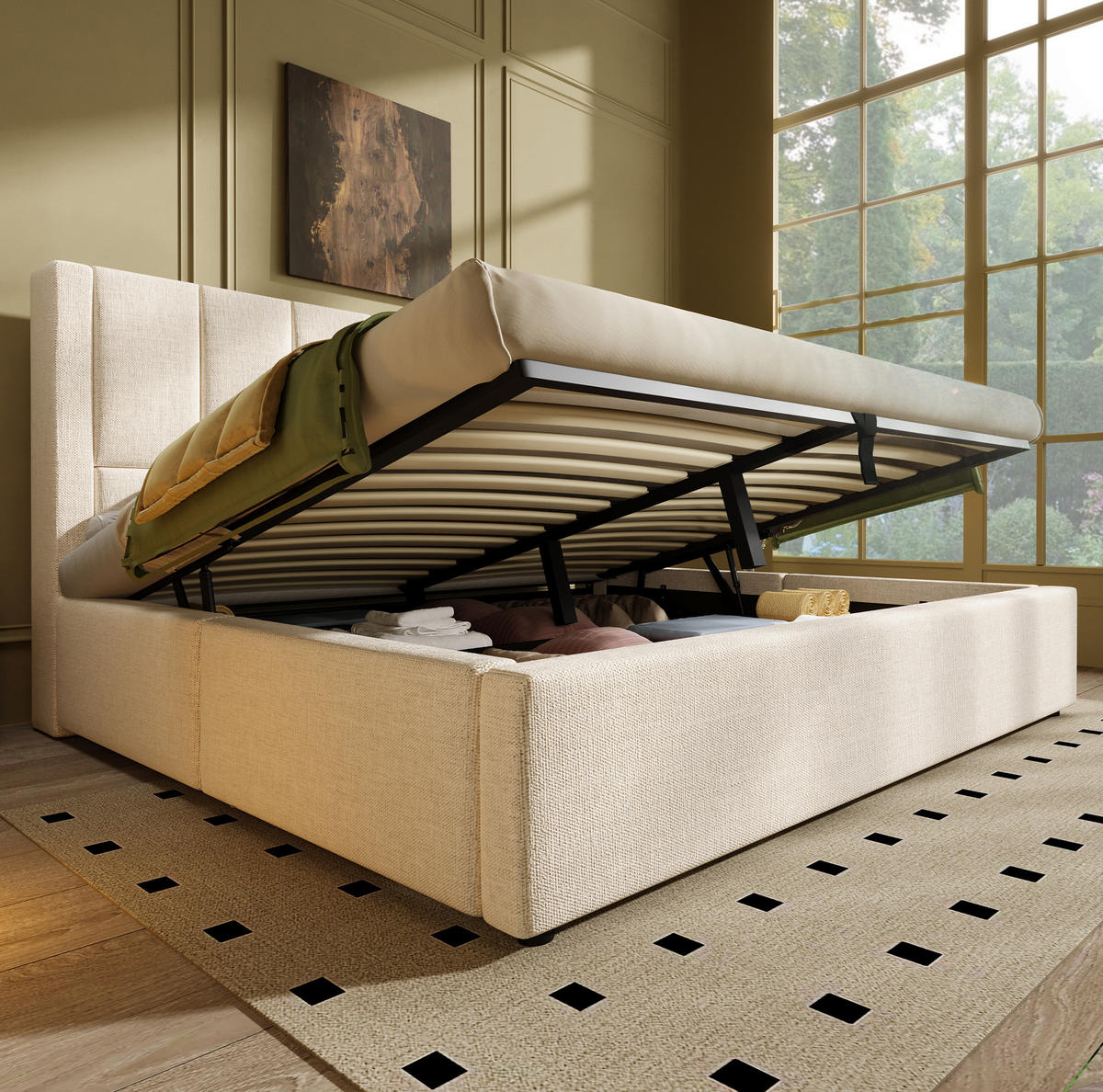 POLSTERBETT mit Stauraum und Ladestation 160x200 cm Leinen Beige - Beige, Metall (160/200cm) - Meubliv