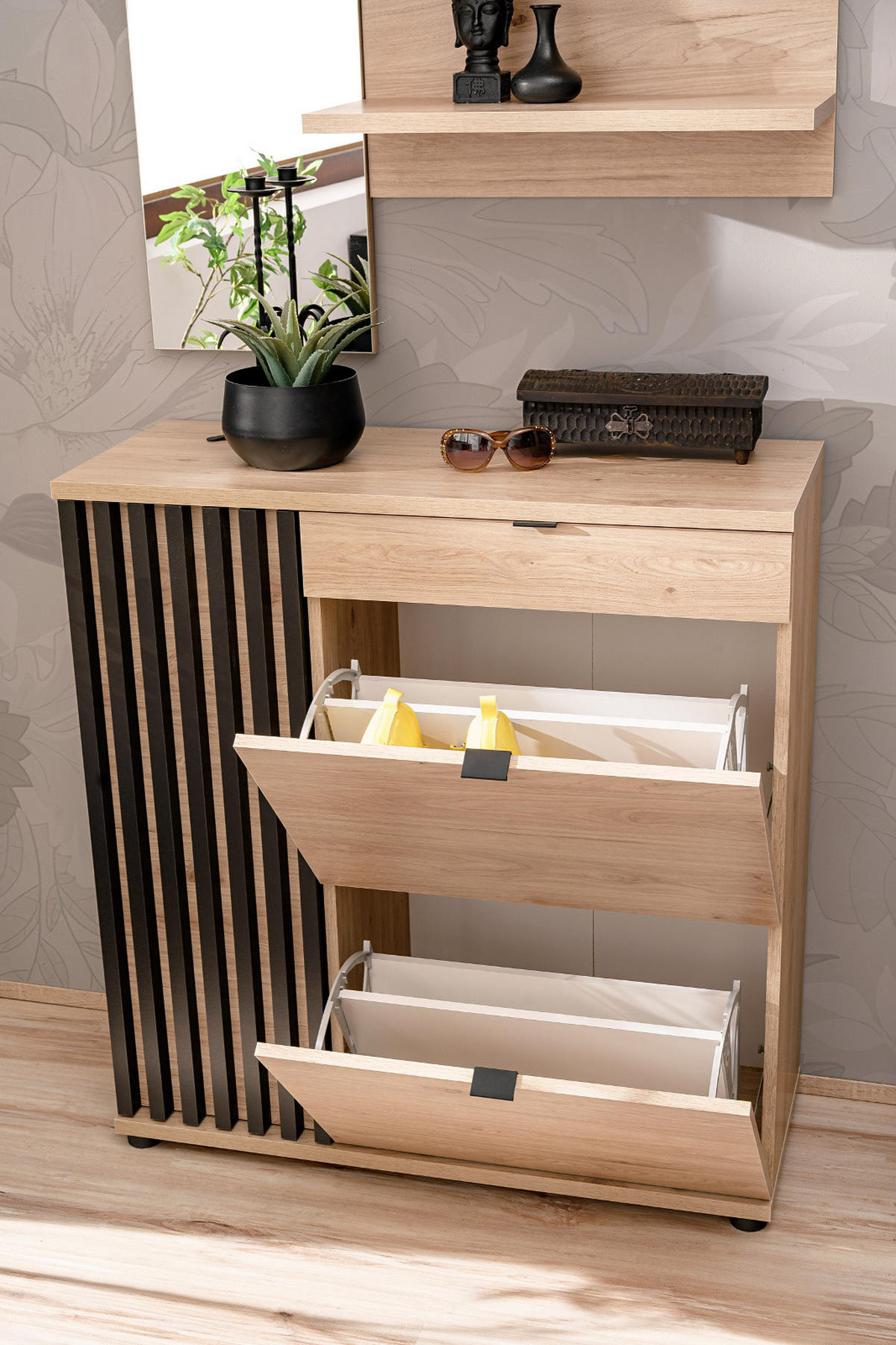 GARDEROBE Set 3-teilig Eiche Jackson, schwarz 170 cm, Garderobenkombination mit 3D-Lamellen - Eichefarben/Schwarz, Holzwerkstoff/Kunststoff (160/202/35cm) - Furn.Design